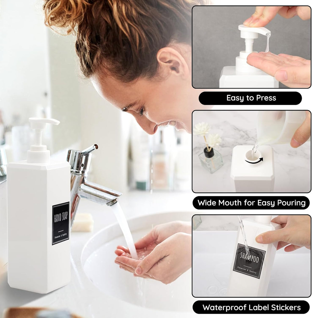 Segbeauty 33.8oz Plastic Soap Dispenser Bathroom, 2pcs Sqaure Body Wash Container Empty, 1000ml White Leakproof Hand Soap Dispenser, Large Pump Bottles for Shampoo and Conditioner with Labels