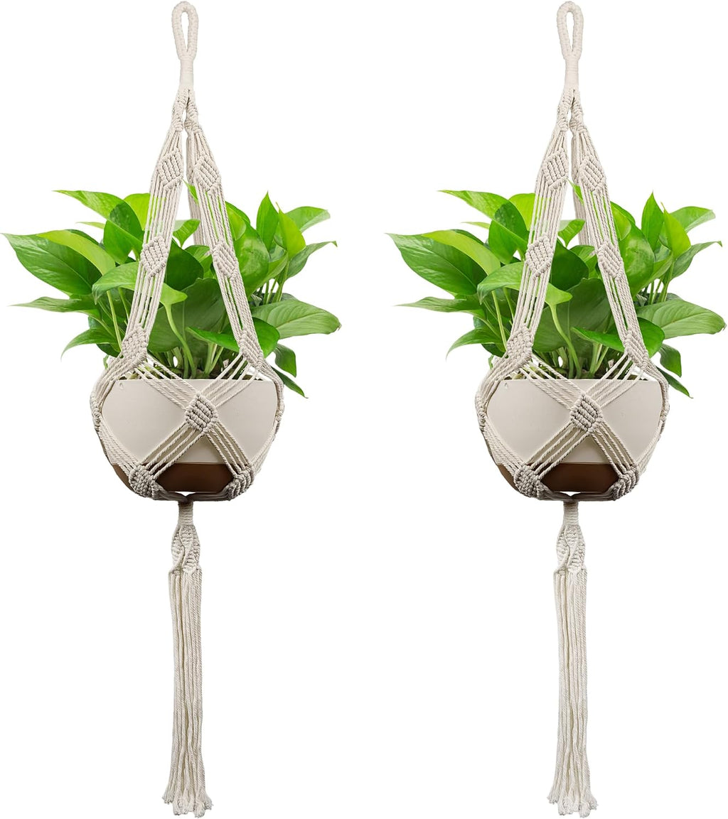 USLAI Macrame Plant Hanger, for Up to 12 Inch Pots, 42 Inch, Ivory, 2 Pack