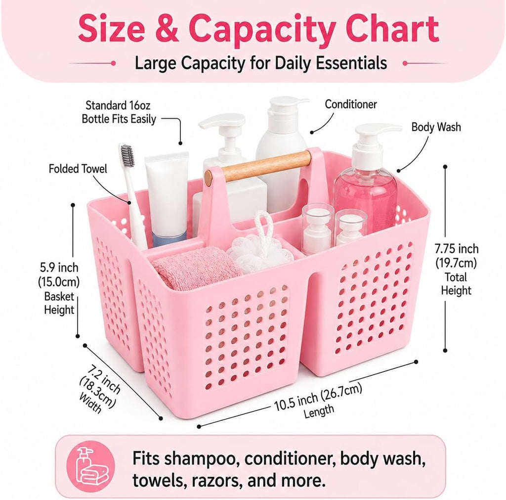 Portable Shower Caddy Basket with 3 Compartments and Handle, Caddy Pink