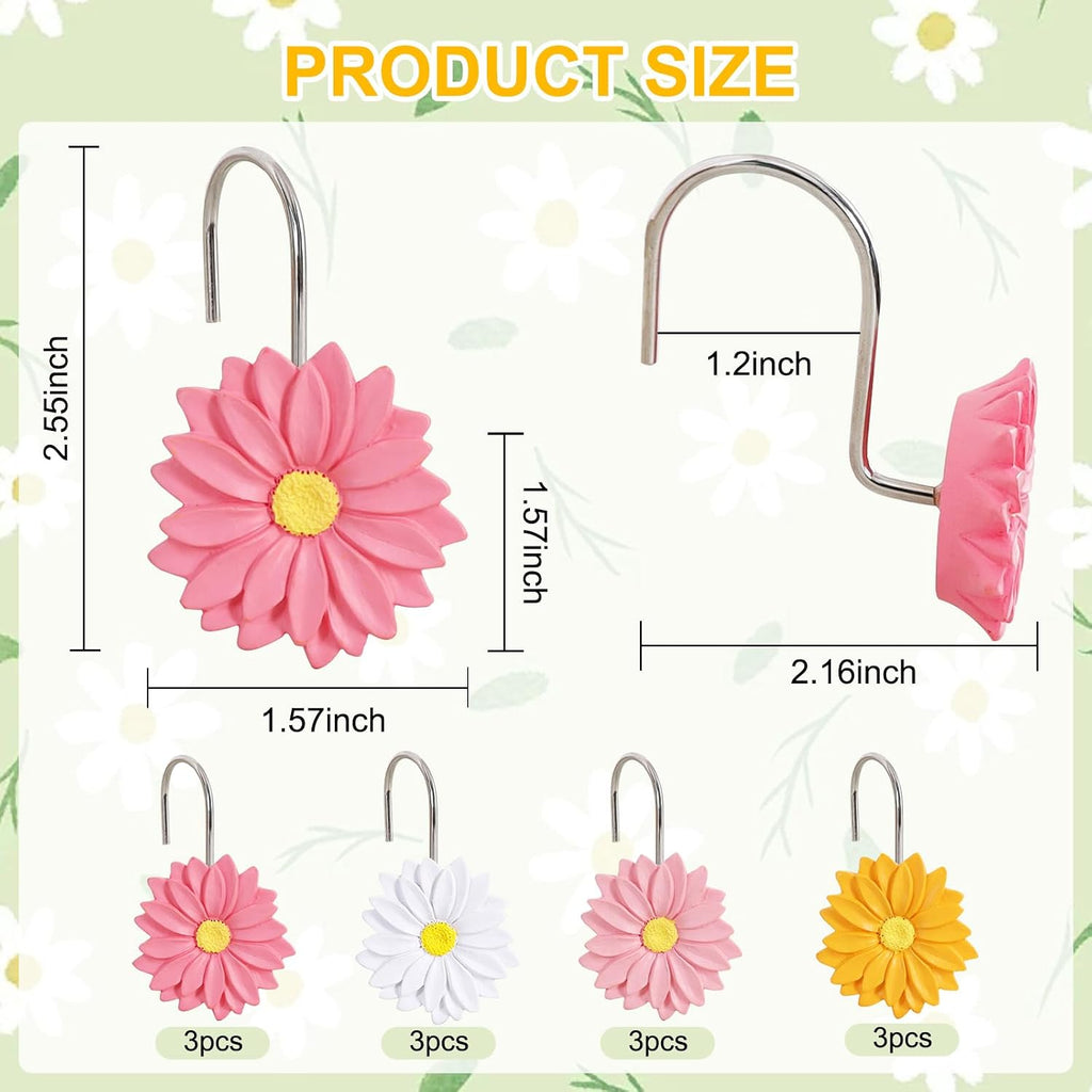 12-Piece Flowers Daisy Floral Shower Curtain Hooks for Bathroom