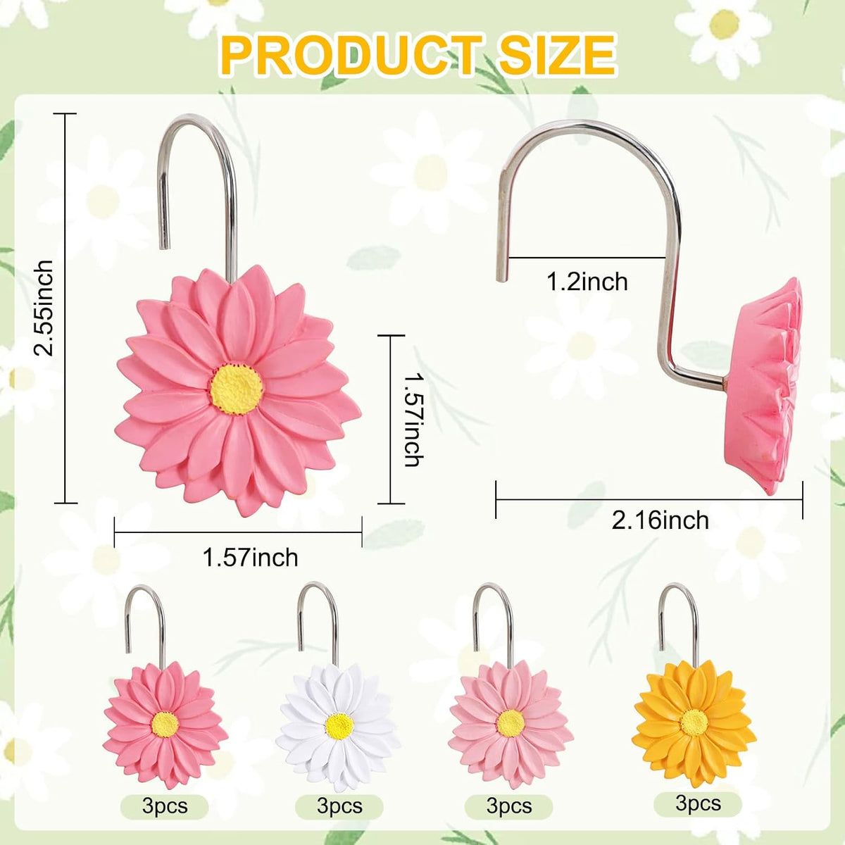 12-Piece Flowers Daisy Floral Shower Curtain Hooks for Bathroom