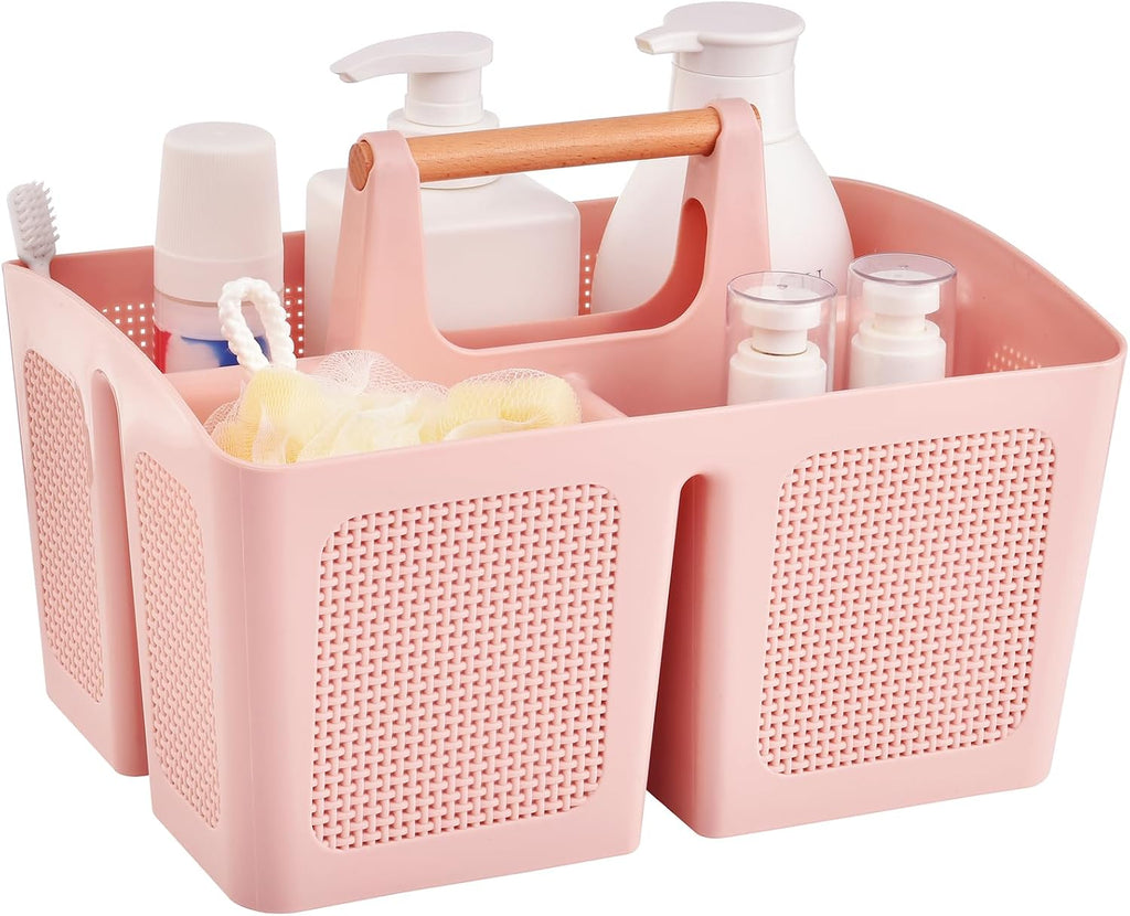 ALINK Portable Shower Caddy Basket with Compartments, Plastic Divided Cleaning Caddy Organizer Storage Tote with Handle for Bathroom, College, Dorm Room Essentials, Pink