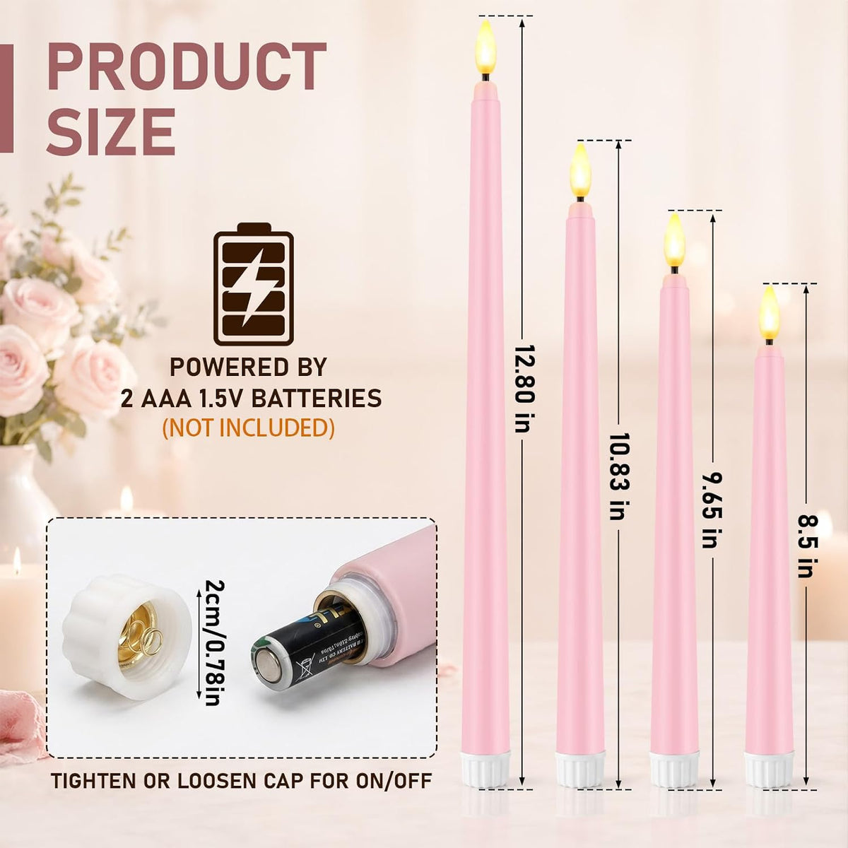 24 Pcs LED Taper Candle, Classic, 8.5",9.65",10.8",12.8", Pale Pink