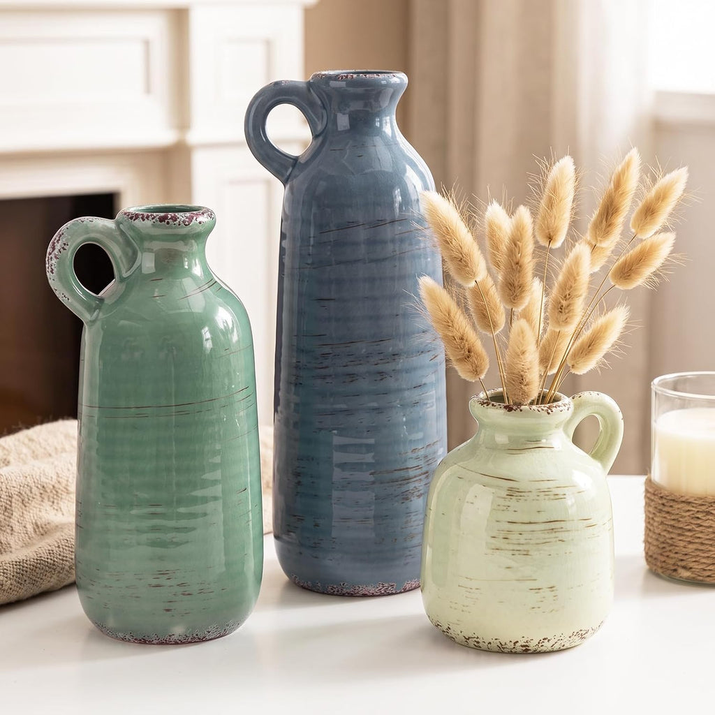 Ceramic Vase Set of 3, Vase Home Decor with Handle, Waterproof Vases