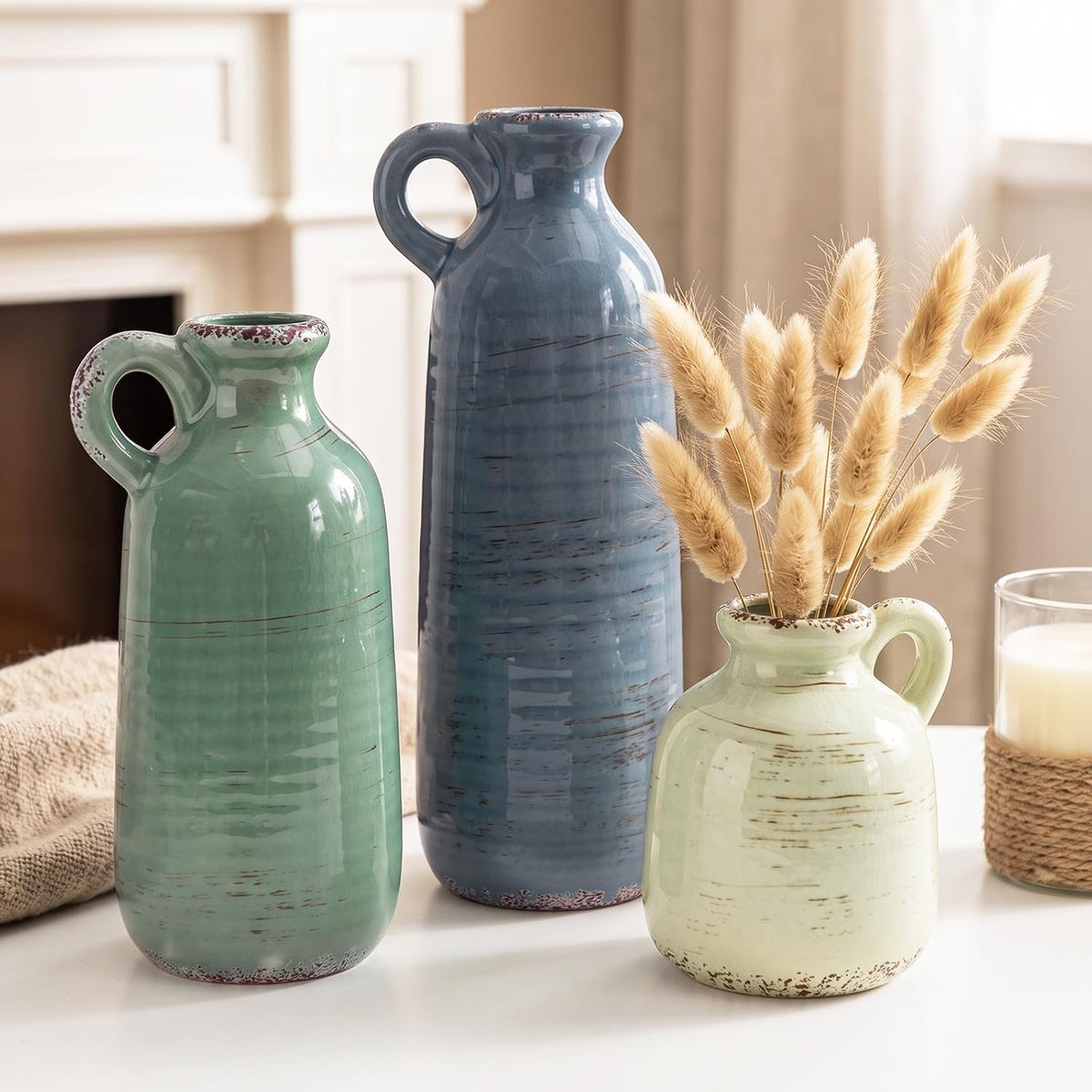 Ceramic Vase Set of 3, Vase Home Decor with Handle, Waterproof Vases