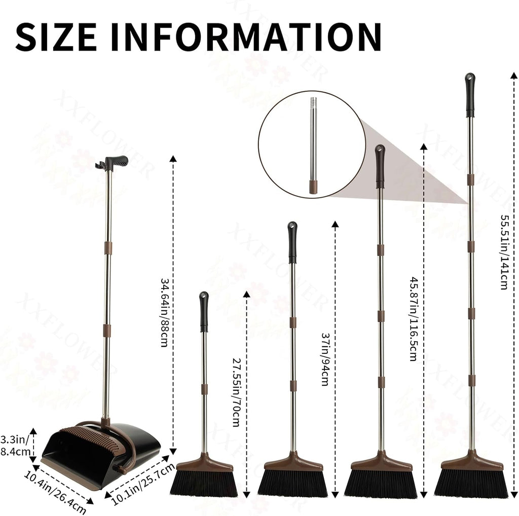 Broom and Dustpan Set with Long Handle, Light Weight Stainless Steel Poles Stand Upright Dustpans with Broom Combo for Home Kitchen Office Pet Dog Hair, 1-Pack (Black Brown)