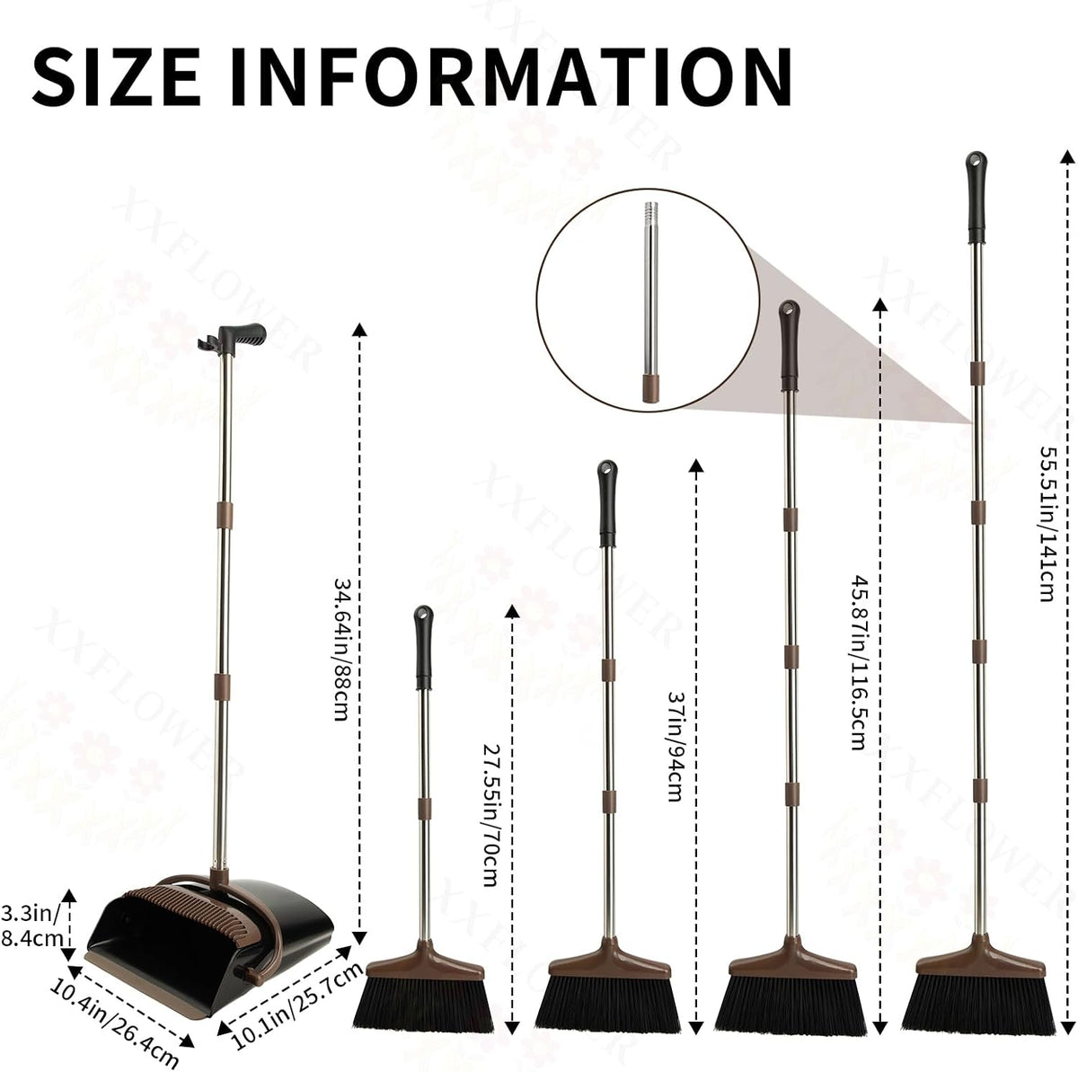 Broom and Dustpan Set with Long Handle, Light Weight Stainless Steel Poles Stand Upright Dustpans with Broom Combo for Home Kitchen Office Pet Dog Hair, 1-Pack (Black Brown)