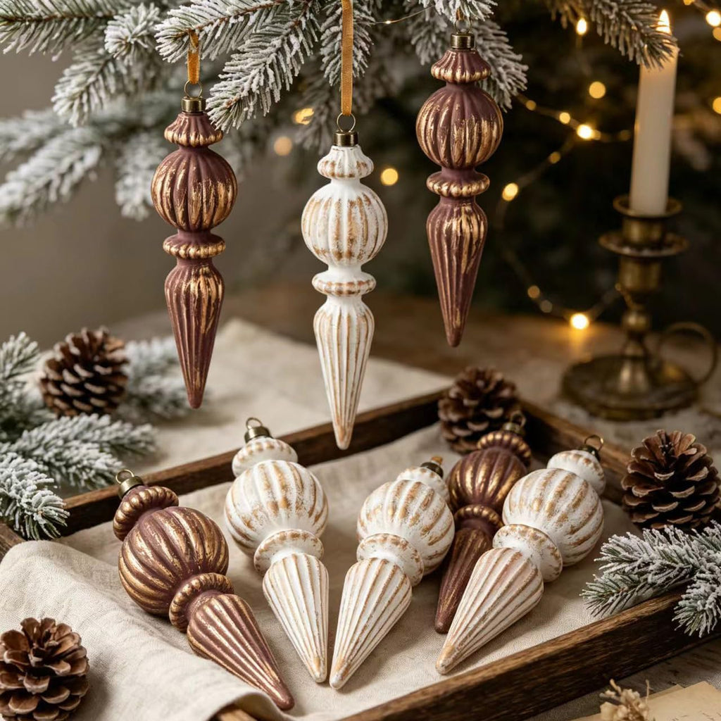 Vintage Finial Christmas Ornaments, 6Pcs Neutral Shatterproof Xmas Tree Ornaments(Classic Color)