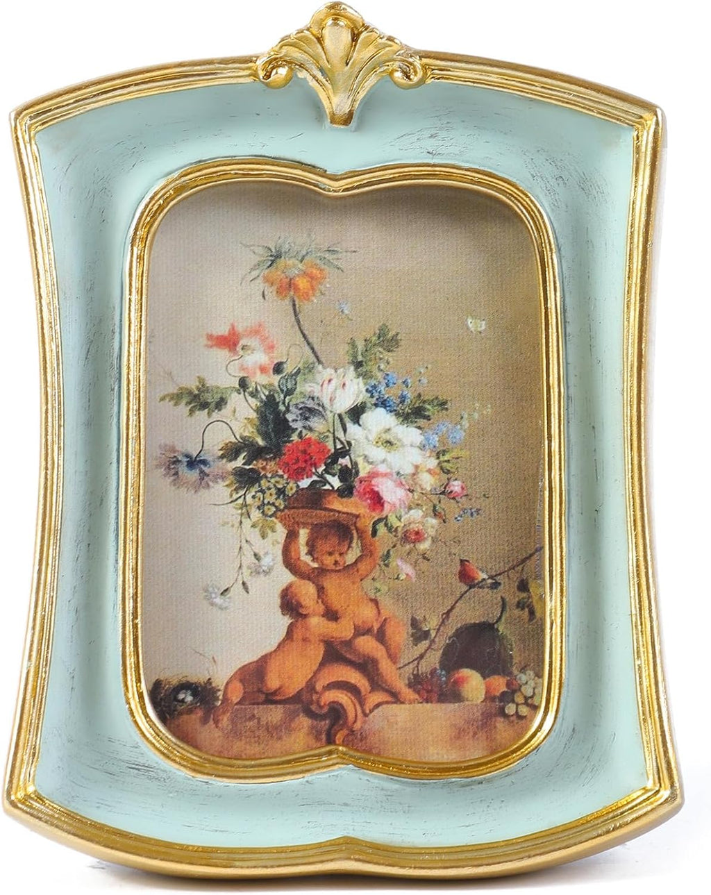 Vintage Picture Frame 2.5x3.5 Antique Ornate Photo Frame Tabletop and Wall Hanging, Decorative Retro Design Home Decor, Old-Fashioned Photo Gallery Art, Sage Green