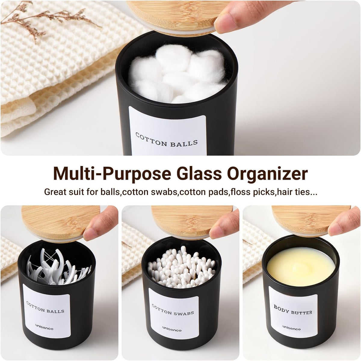 Glass Qtip Holder 2 Pack , Qtip Holder Dispenser Bathroom Set Bathroom Organizers and Storage Q tip Holder with Lid Makeup Storage Organizer for Cotton Swabs,Cotton Balls,Pads,Floss Picks ,Black