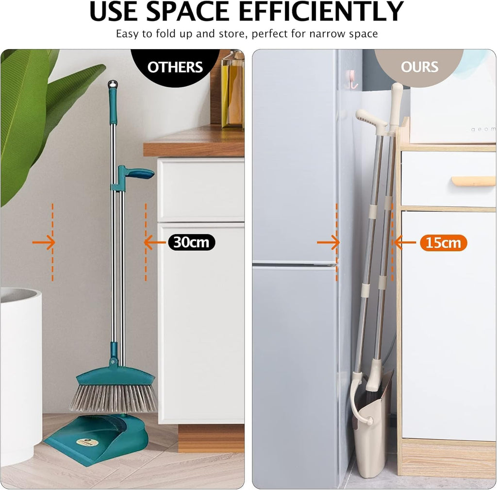 Broom and Dustpan Set with Long Handle, Light Weight Stainless Steel Poles Stand Upright Dustpans with Broom Combo for Home Kitchen Office Pet Dog Hair, Brown & Beige Color, 1-Pack