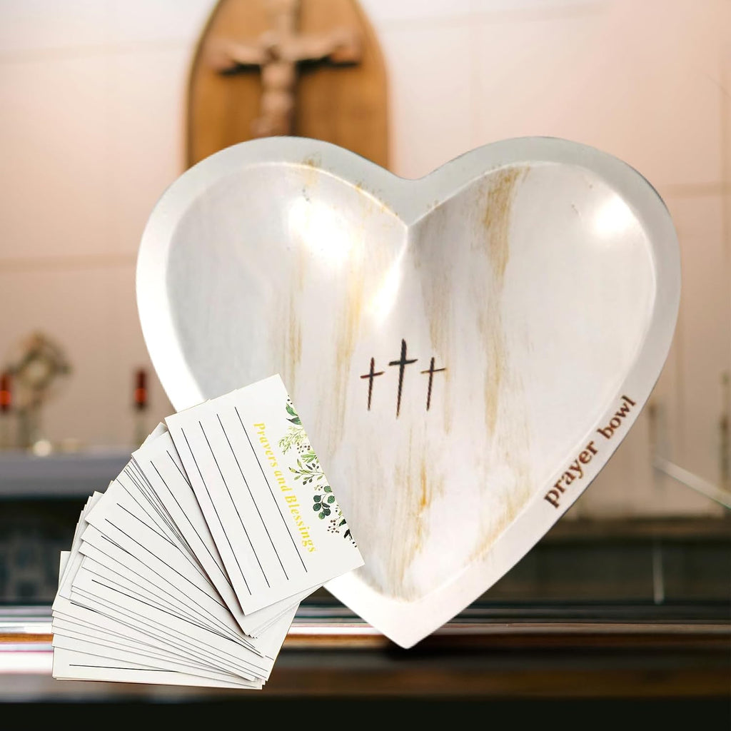 Heart Prayer Bowl with Cross,Prayer Bowll with Cards, Heart Prayer Bowl Wooden,With 24 Cards,Enhance Home Decor or Room Ambiance For Christian Congregation Gifts (C)