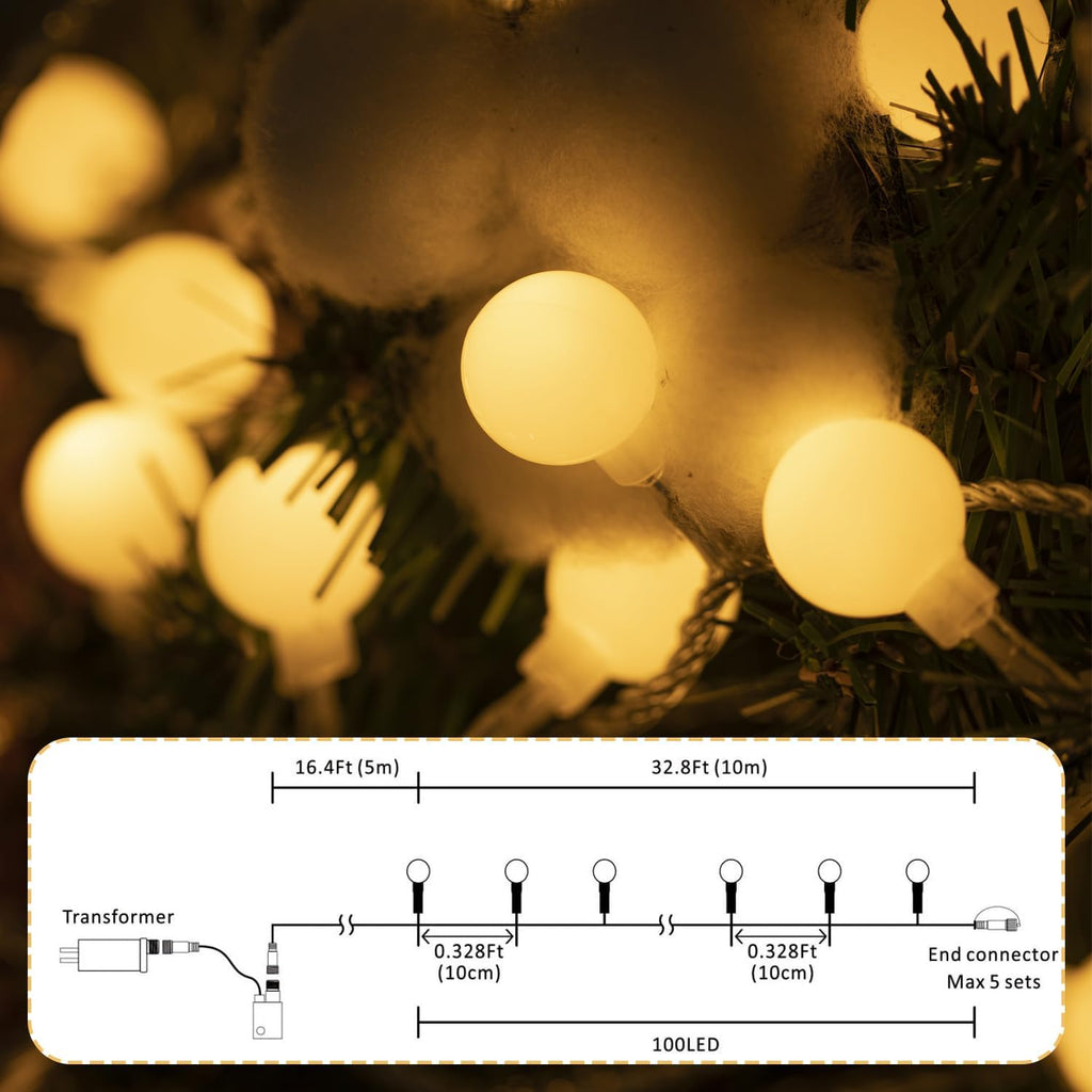 Ogrmar 49FT 100 LED Globe Ball String Lights 8 Modes with Remote Warm White