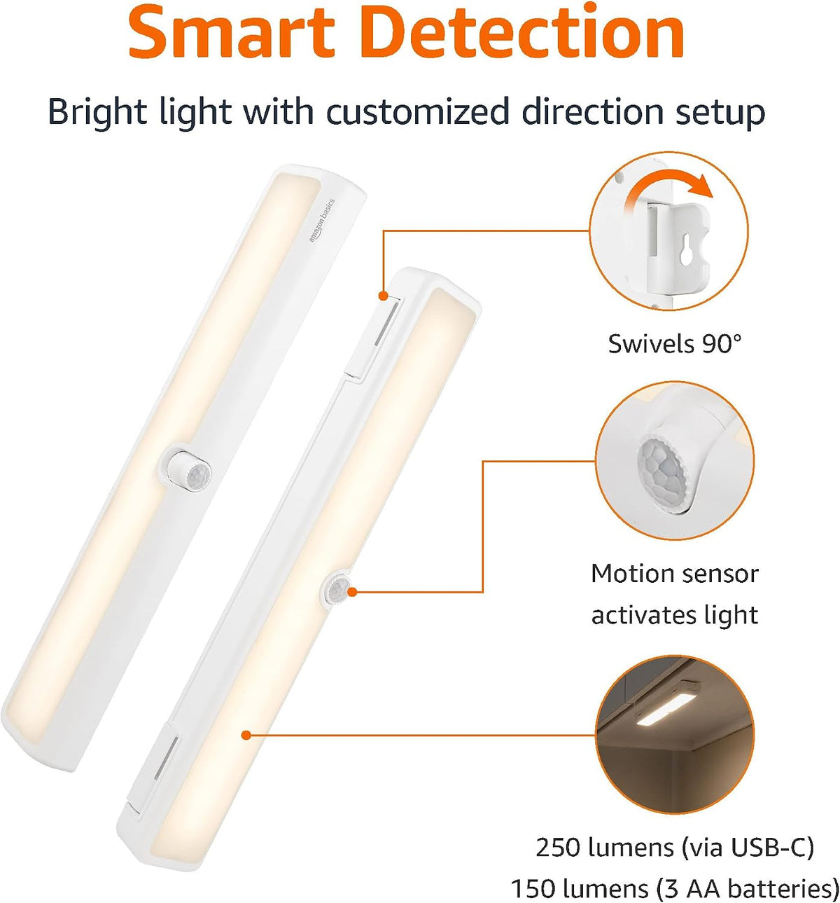 Amazon Basics LED Motion Sensor Light Bar, USB/Battery Operated, 250 Lumens, 12 Inches, Swivel, Under Cabinet Lighting for Closet, Kitchen, 2-Pack, White