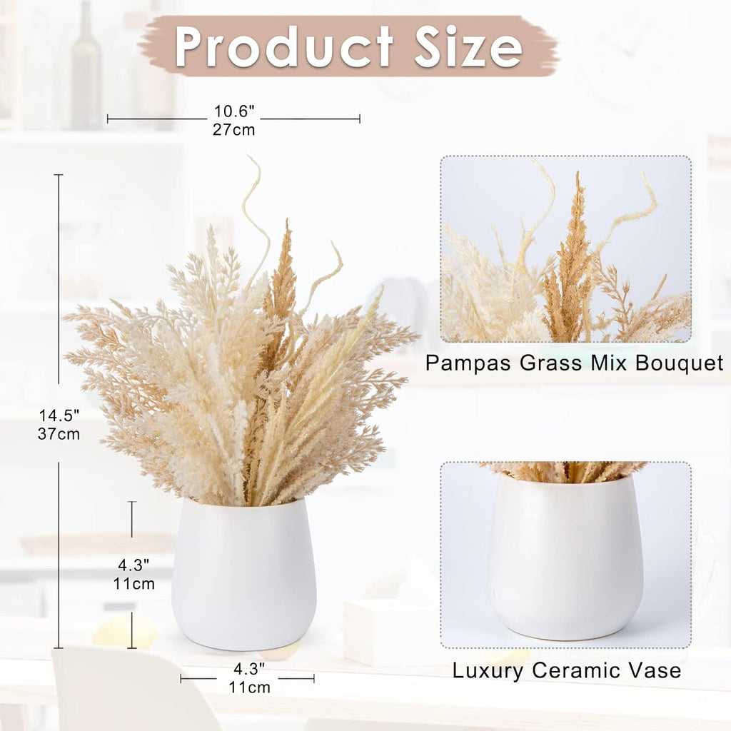 Hollyone Faux Pampas Grass with Vase, Artificial Pampas Grass Flowers Bouquet Plant Fluffy Boho Home Decor Fake Pompass Pompous Grass Floral Arrangement for Wedding Party Table Room Decorations Taupe