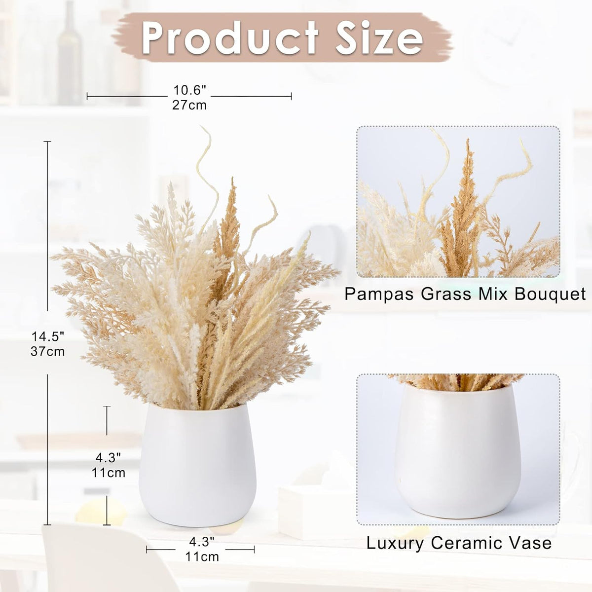 Hollyone Faux Pampas Grass with Vase, Artificial Pampas Grass Flowers Bouquet Plant Fluffy Boho Home Decor Fake Pompass Pompous Grass Floral Arrangement for Wedding Party Table Room Decorations Taupe
