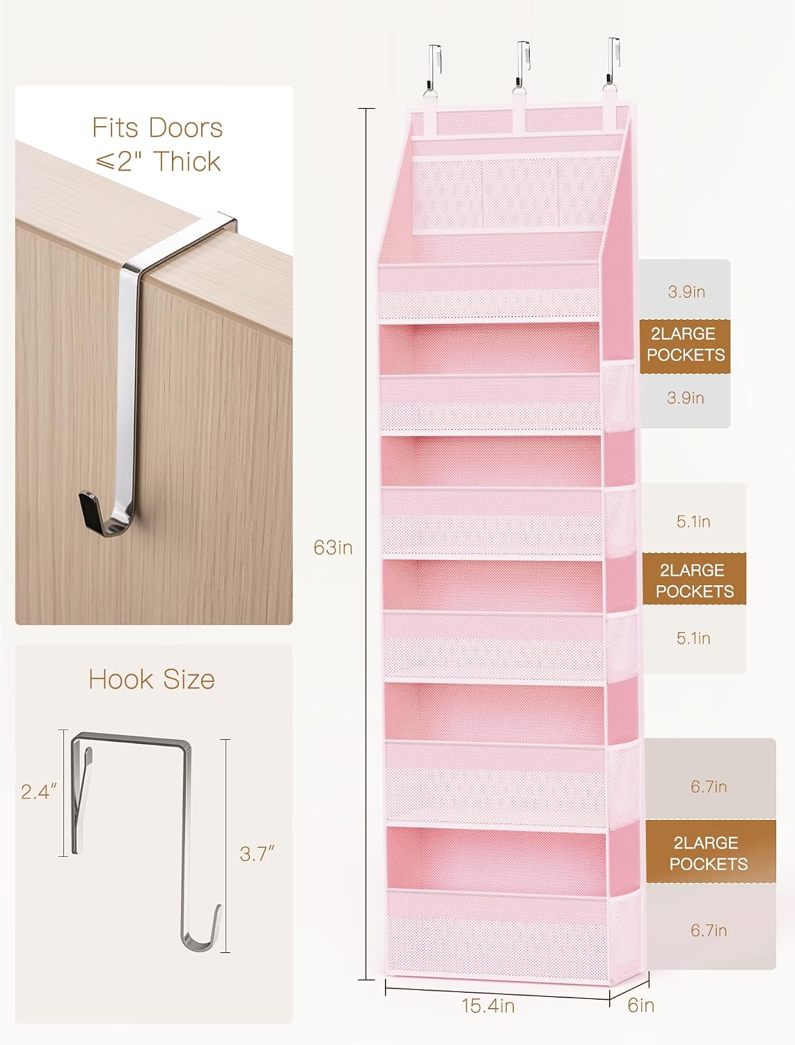 Criusia Over the Door Organizer, 6-Shelf Closet Hanging Storage with 13 Mesh Pockets, 55lbs Capacity Behind the Door Storage for Baby Nursery, Bathroom, Bedroom, and Dorm, Pink