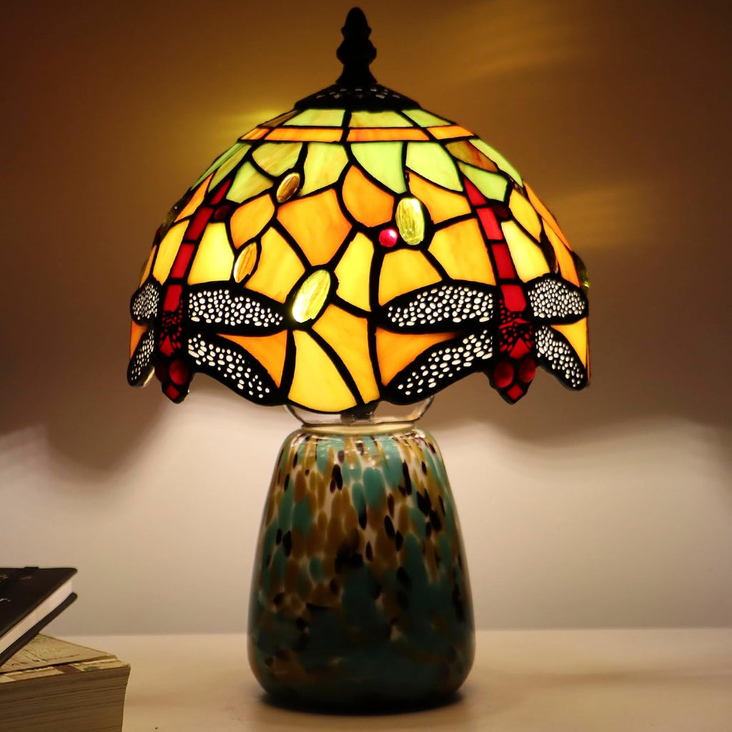 Tiffany Mushroom Table Lamp Dragonfly Style Yellow Stained Glass Accent Lamp Brown Blue Glass Base 8X8X12 Inch