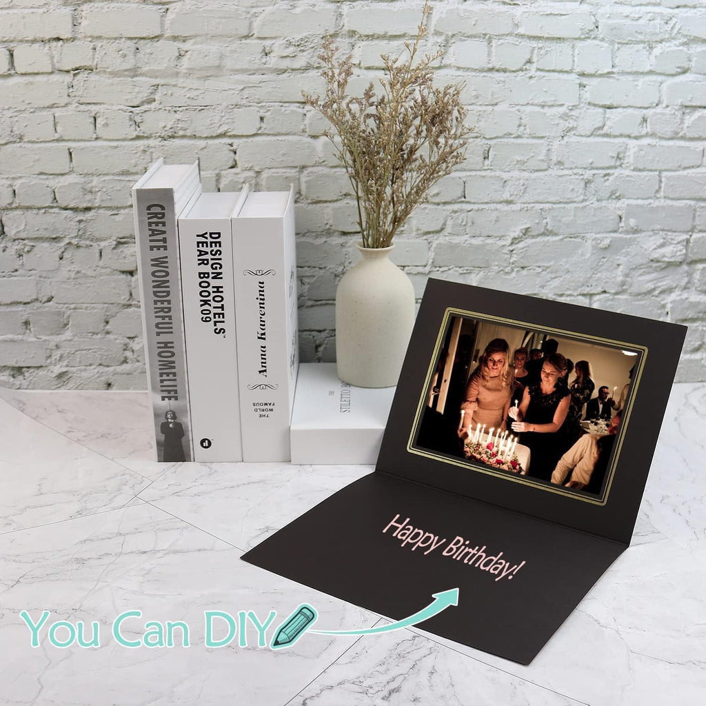 Golden State Art, Pack of 10, 5x7 Photo Folders, Cardboard Picture Frame, Paper Frame Cards, Greetings/Invitation Special Events: Graduation, Christmas (Black with Gold Lining)