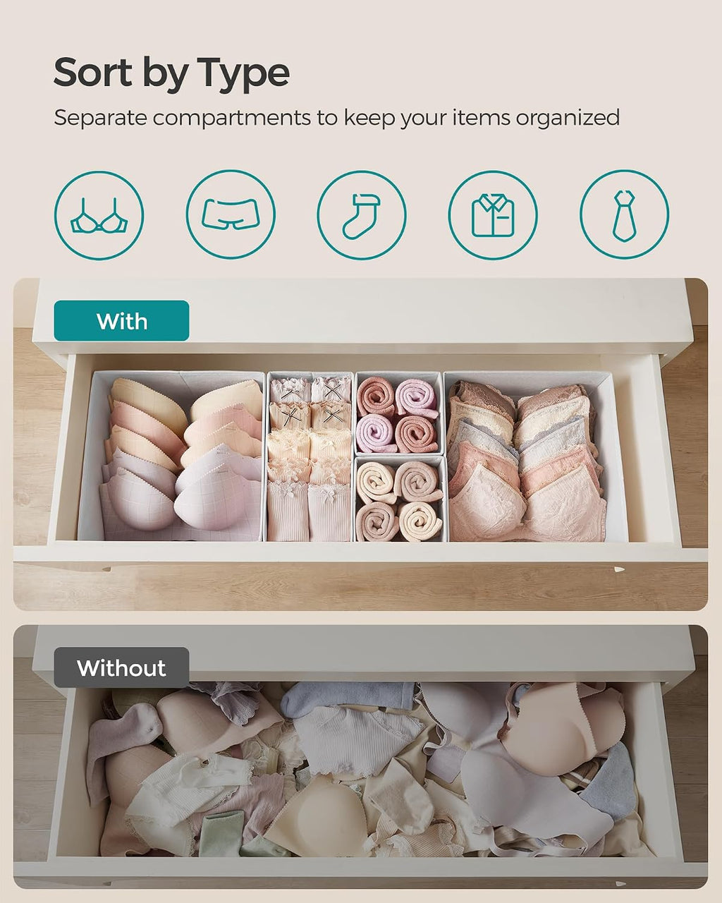 SONGMICS Drawer Organizers, Set of 18, Foldable Fabric Storage Boxes