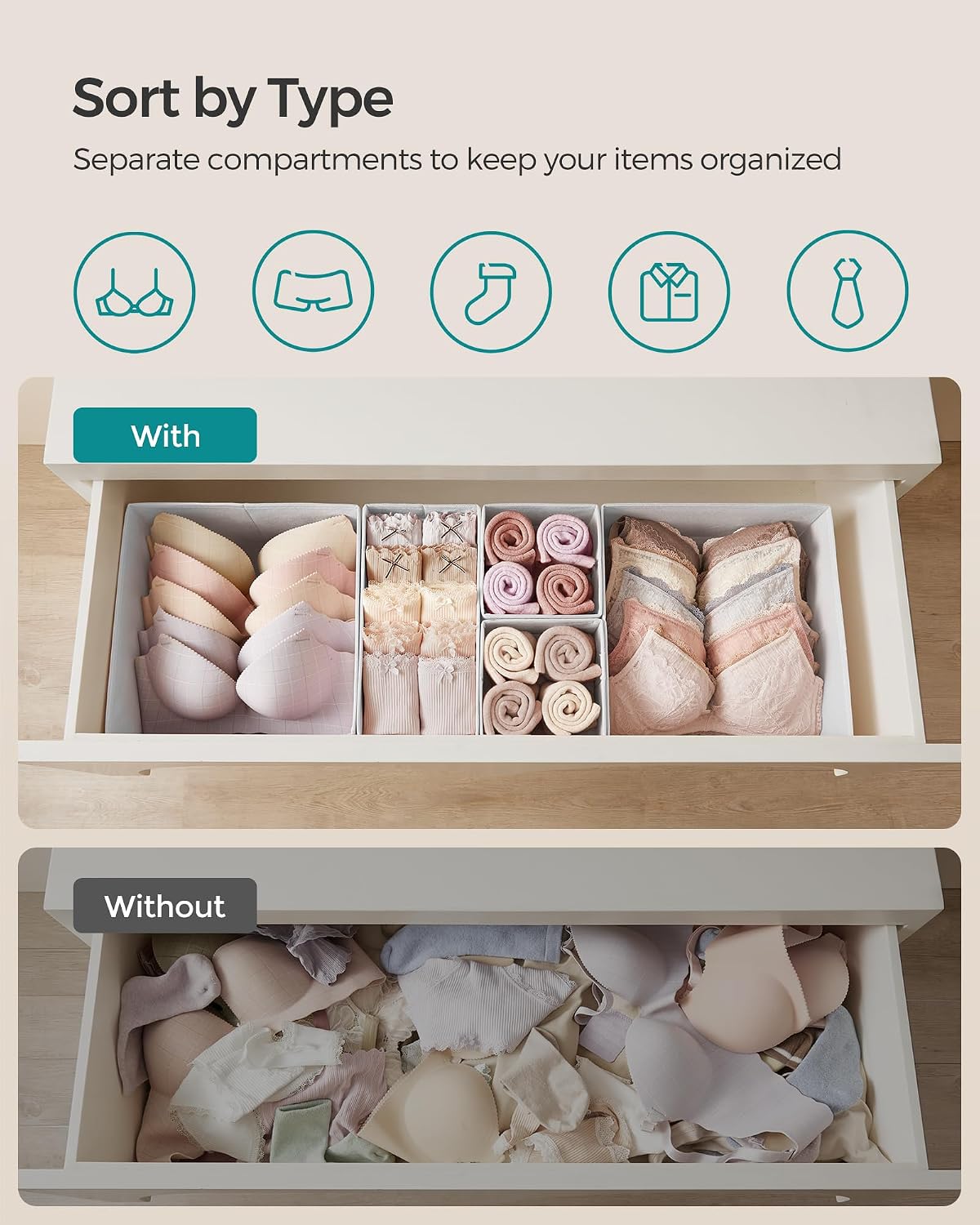 SONGMICS Drawer Organizers, Set of 18, Foldable Fabric Storage Boxes