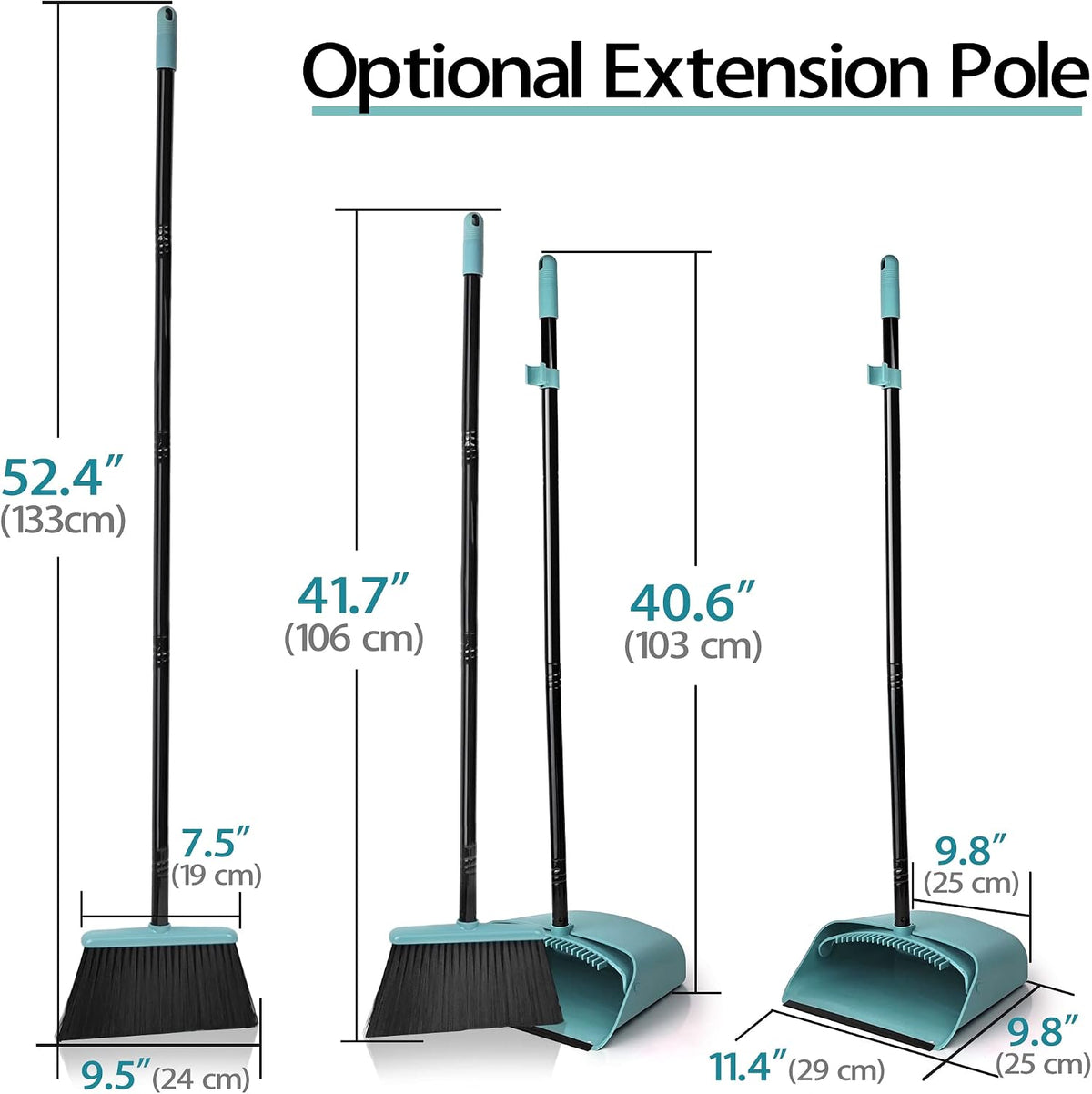 JEHONN Broom and Dustpan Set for Home Room Kitchen Office, Long Handle Lightweight 180 Degree Rotating Broom, Upright Standing Dust Pan with Comb Teeth