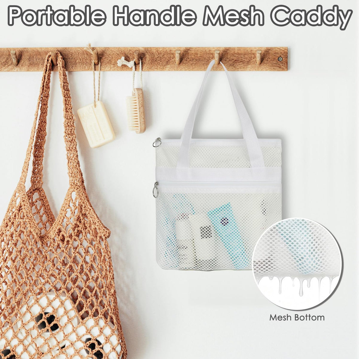 GYEUKHAM Portable Mesh Shower Caddy with 2 Zipper Pockets & Dual Handles, Quick-Drying Hanging Shower Tote for College Dorm, Gym, Travel & Camping, White