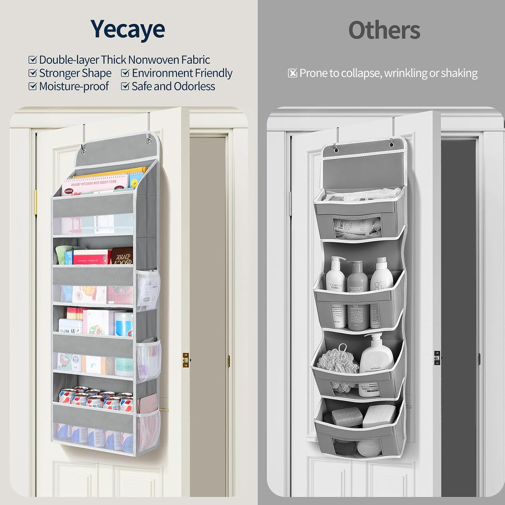 Yecaye Over The Door Organizer, Heavy Duty Hanging Organizers and Storage with 4 Large Capacity Pockets, Swing-Proof Behind The Door Storage for Bathroom Nursery Bedroom Dorm Closet, Grey,1Pc