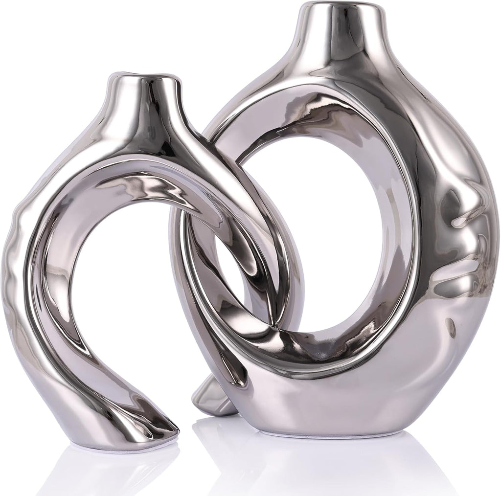 Silver Ceramic Vase Set of 2, Modern Donut Vases for Living Room Decor