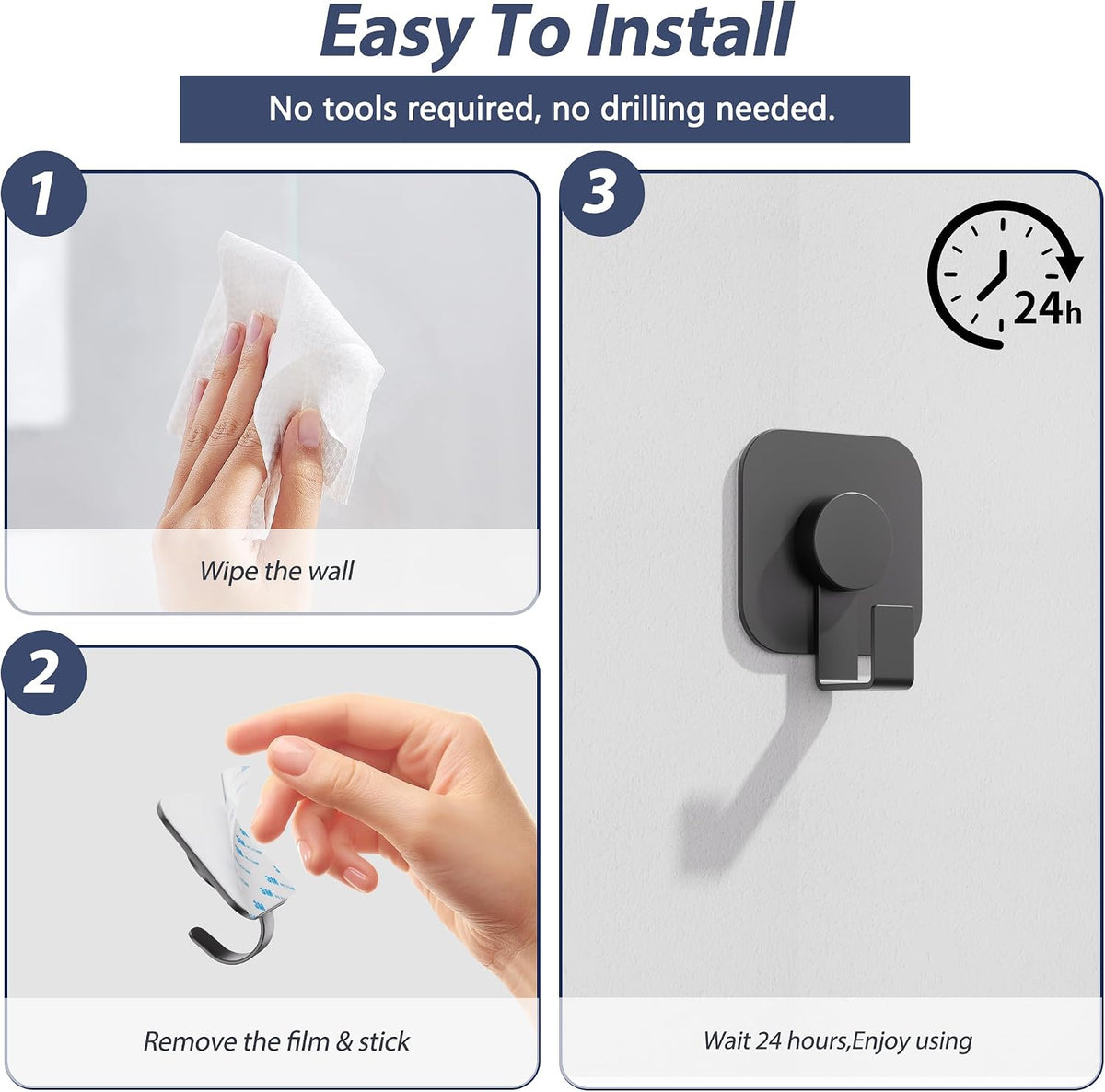 Aikzik 4 Pack Large Heavy Duty Wall Hooks - 26lb Max, Stainless Steel Adhesive Towel Hooks for Hanging Coat, Towel, Robe, Keys, Sticky Shower Hook for Door, Home, Bathroom, Kitchen, Office- Black