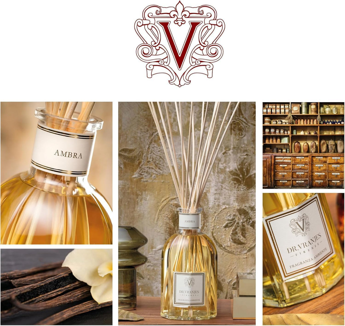 Dr. Vranjes - Ambra 250 ml Reed Diffuser + Elegant Shopping Bag, Luxury Home Fragrance, Made in Italy, Amber, Patchouli, Sandalwood
