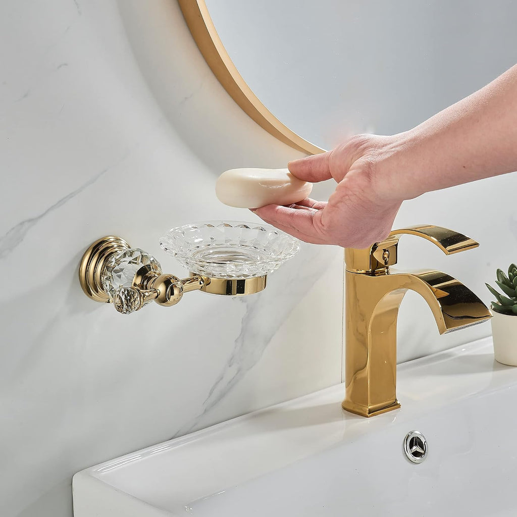 WOLIBEER Crystal Soap Dish Holder, Polished Gold Shower Soap Holder Stainless Steel Soap Saver Tray for Bathroom Wall Mounted