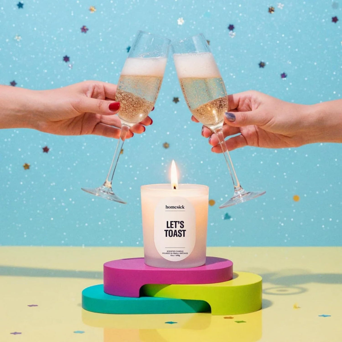 Homesick Let's Toast Scented Candle – 13 oz in Champagne Grapes Scent, Natural Soy Wax, Non-Toxic, 80 Hour Burn Time, Organic Cotton Wick, Reusable Jar for Wedding & Engagement Gifts for Couples