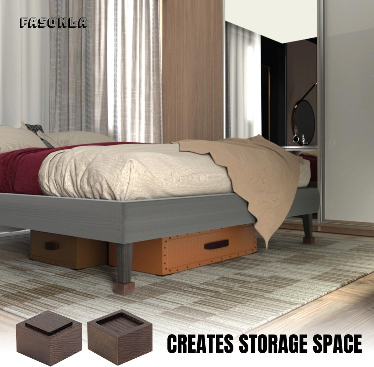 FASONLA Bed Risers (Set of 8) Furniture Risers Lifts Height 2", Oak Solid Wooden Risers for Bed, Furniture, Table, Sofa, Chair Risers with Non-Slip Recessed Hole (8pcs-2" Hight-Walnut Color)