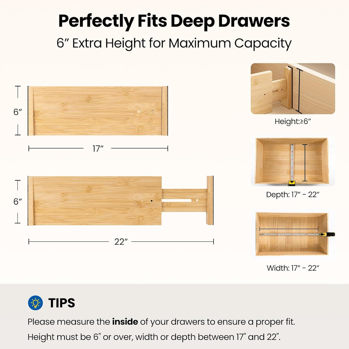 4 Pack 6" Deep Bamboo Drawer Dividers, 17-22" Expandable Kitchen Organizers
