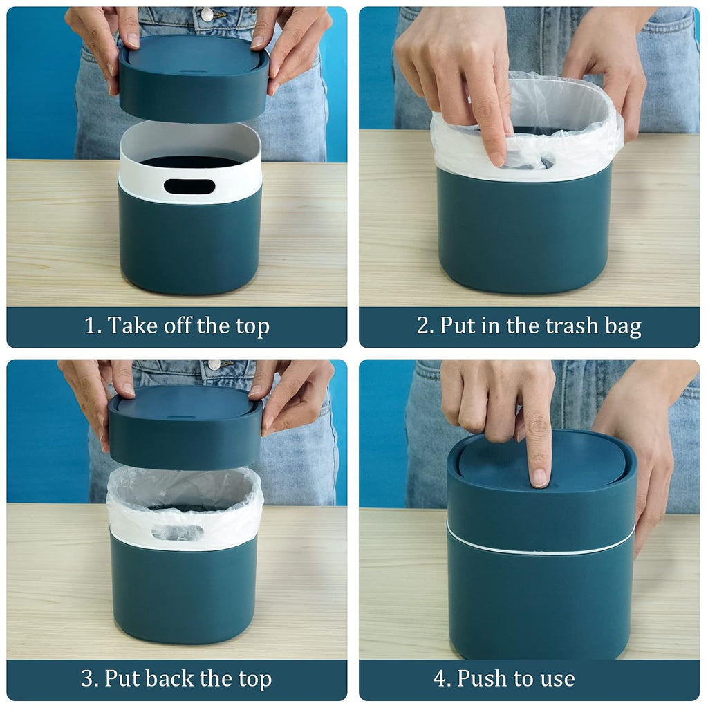 Mini Desk Trash Can with Pop-Up Lid Includes 180 Bags 0.5 Gallon, Blue