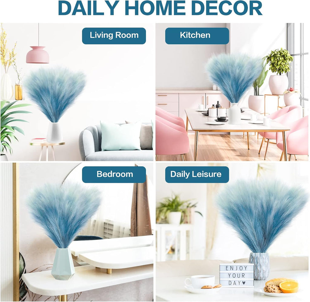 KALYLOC 8Pcs Blue Faux Pampas Grass Short Artificial Pampas Grass Plants