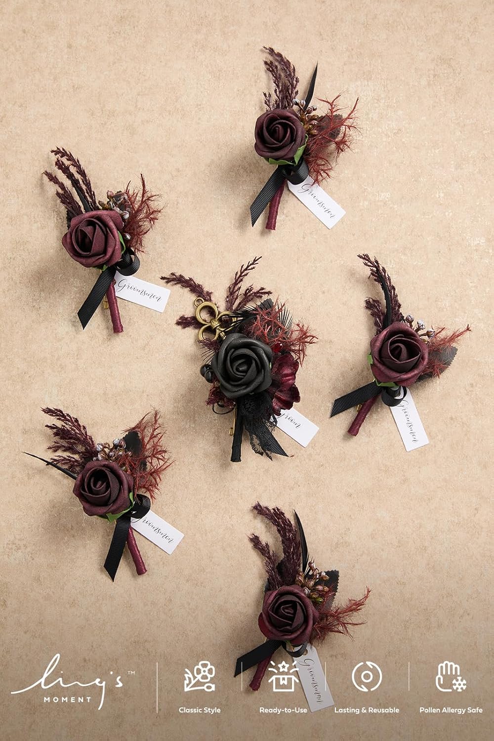 Ling's Moment Boutonniere for Men Wedding,Set of 6 , Groom and Groomsmen Boutonniere for Wedding Homecoming Halloween Ceremony Anniversary, Dinner Party, Prom Flowers and Fall Vintage Wedding
