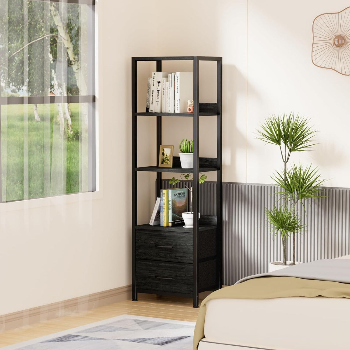 Furnulem 4 Tier Corner Shelf,Black Narrow Bookshelf with 2 Storage Drawers
