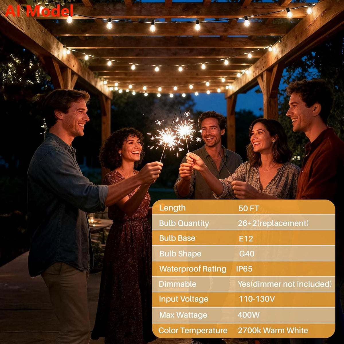 50 FT 2700K Outdoor String Lights,26 Plastic Edison Bulbs, E12 Base