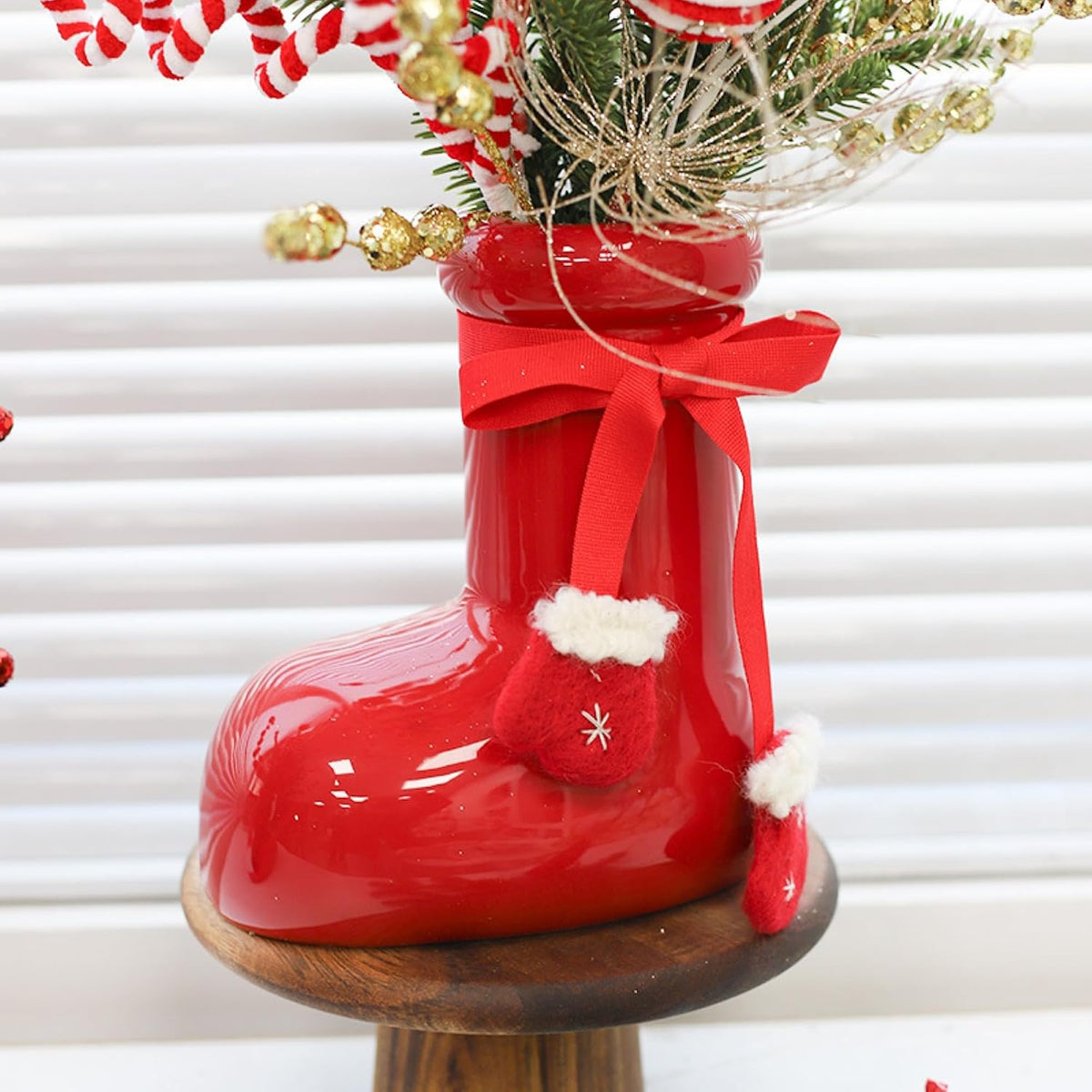 Red Boot Christmas Vase, 8 Inch Ceramic Decorative Vases for Home Decor