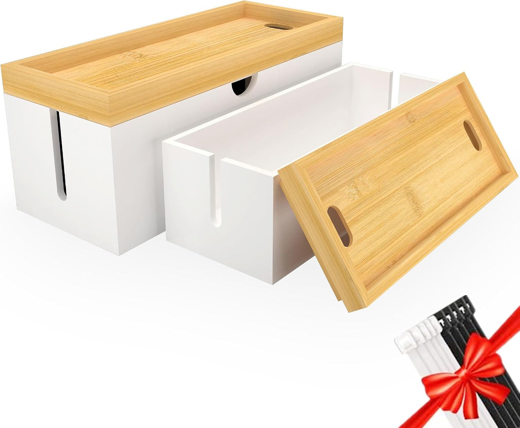 Bamboo Cable Management Box, Large Cord Organizer Box Cable Box to Hide Wires & Power Strips for Desktop Storage Cord Holder for Office Home,No Assembley Required