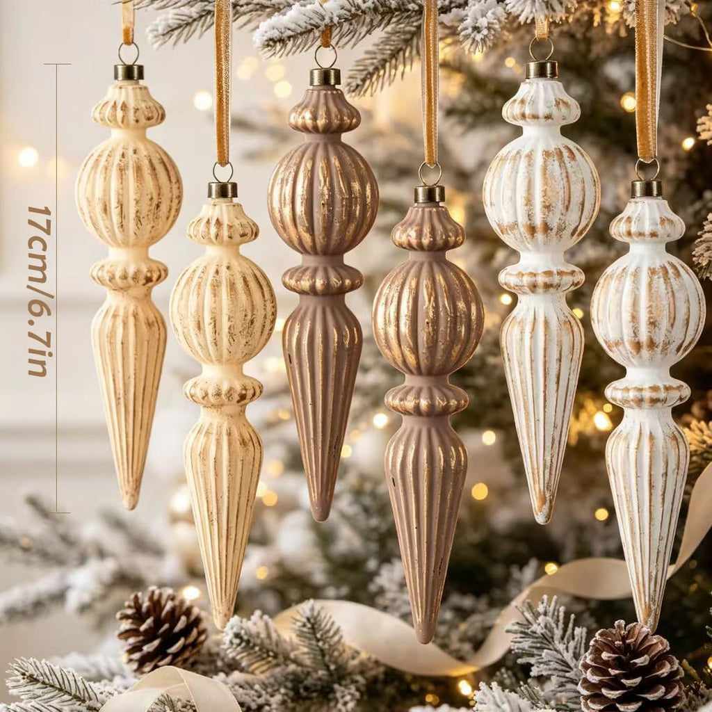 Vintage Finial Christmas Ornaments, 6Pcs Neutral Shatterproof Xmas Tree Ornaments(Modern Color)