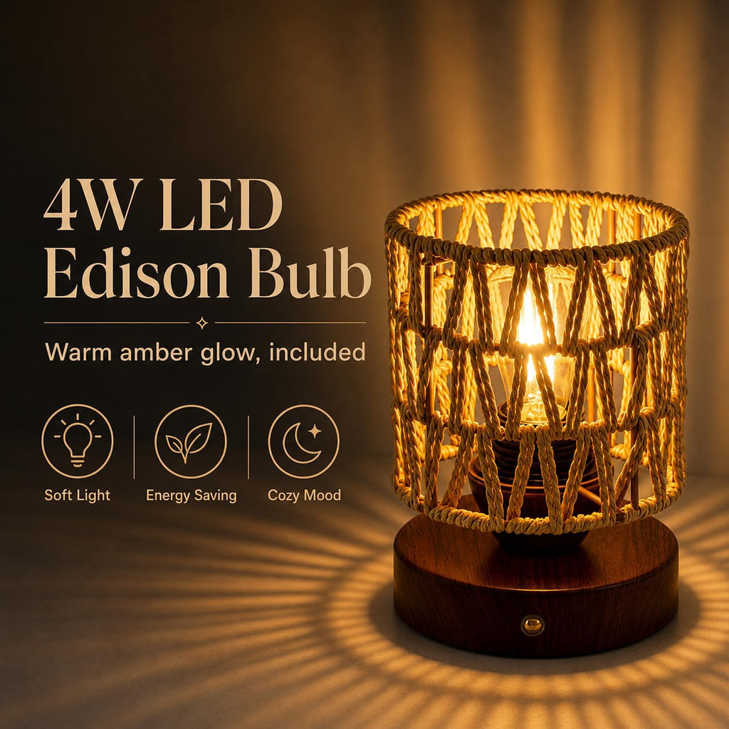 Cordless Operated Rattan Lamp, 5000mAh Rechargeable Dimmable Handwoven Open Weave Drum Table Lamp with Edison Bulb, Boho Nightstand Light for Bedroom Home Decor