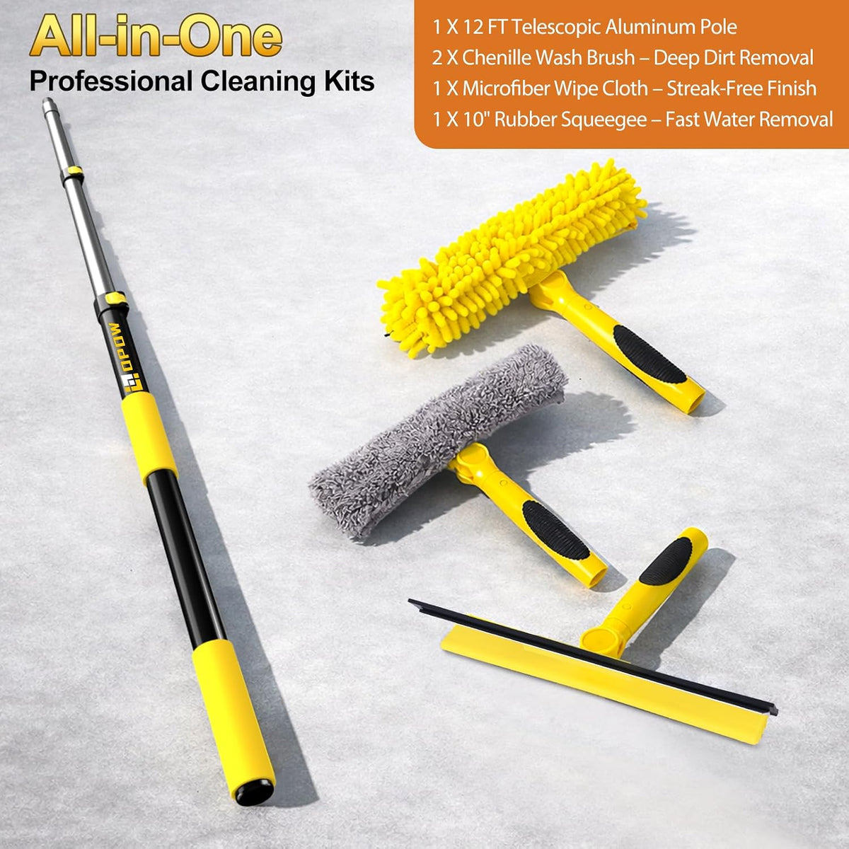 20 Feet High Reach Squeegee Window Cleaner Kit with 5-12Ft Extension Pole