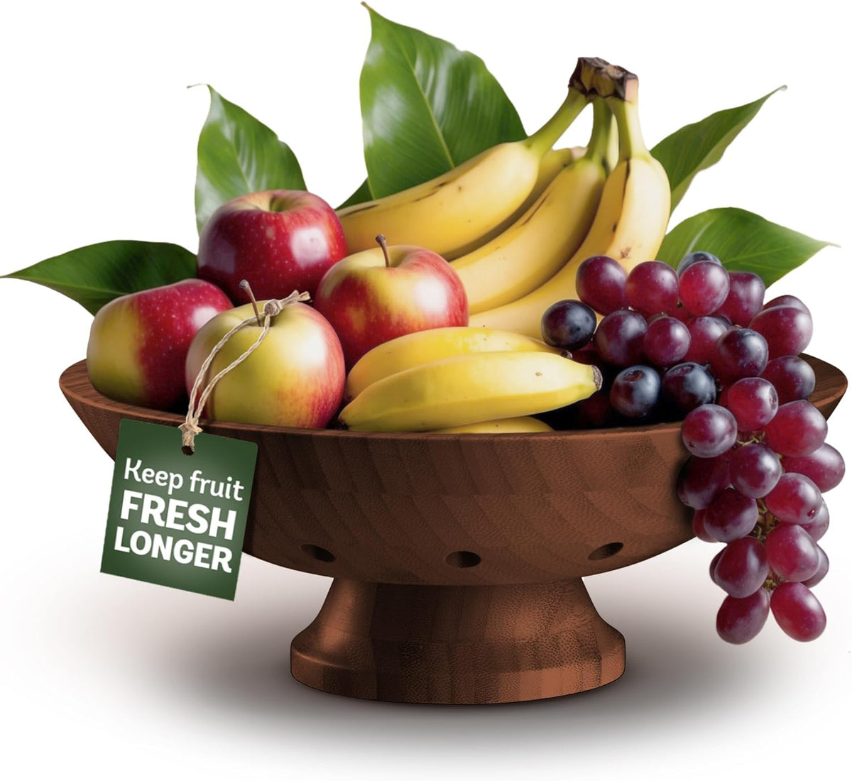 Fruit Bowl for Kitchen Counter - Brown Wooden Fruit Bowl, Latge Fruit Basket with Pedestal Base, Vented Bamboo Fruit Holder for Fruits, Vegetable Storage, Kitchen Countertop Organizer 11 x 4.5 Inches