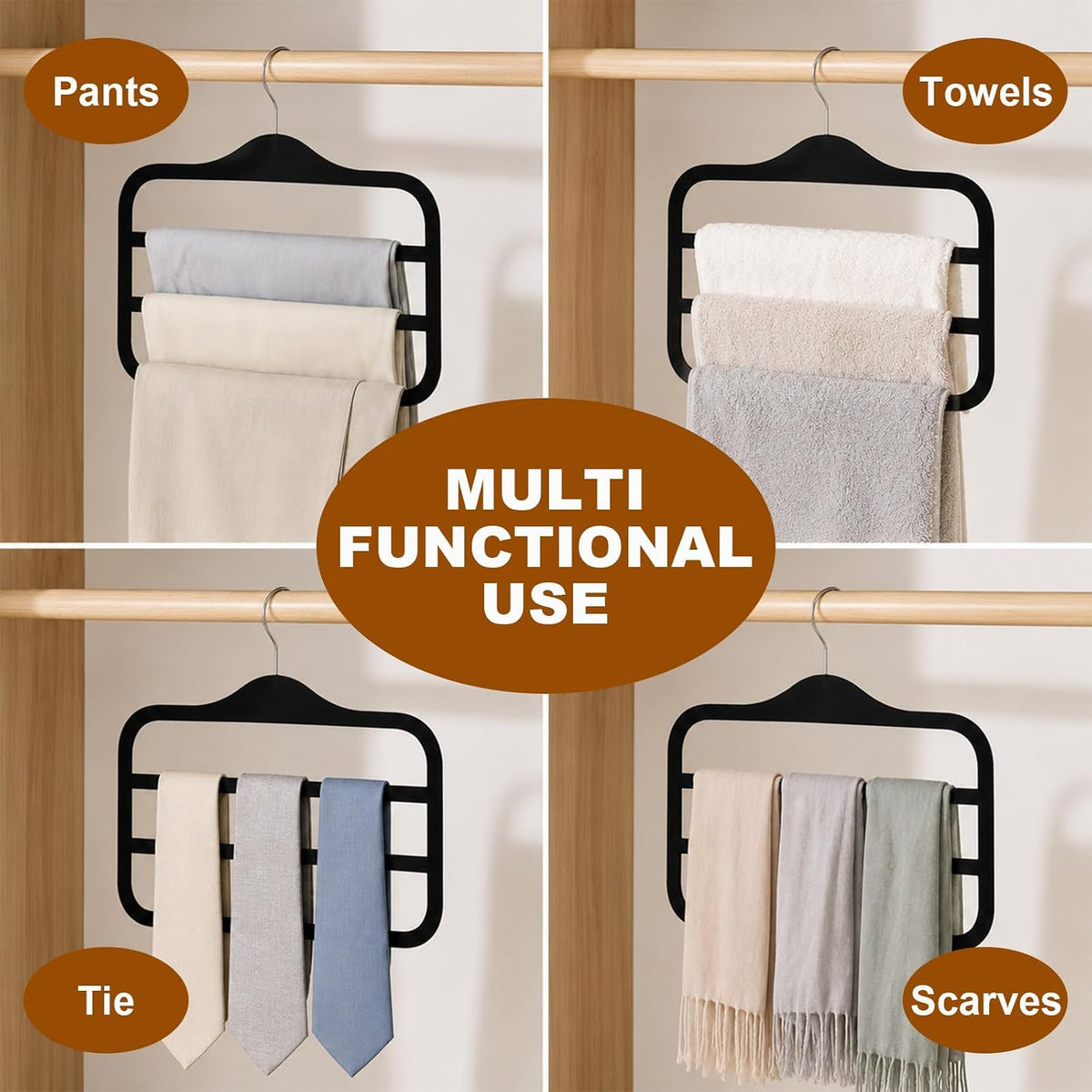 Pants Hangers Space Saving,5 Pack, Velvet Pant Hangers Non Slip 3 Tier, Dorm Room Essentials for College Students,Pants,Scarf,Towel, Jeans Closet Organizer and Storage(Black)