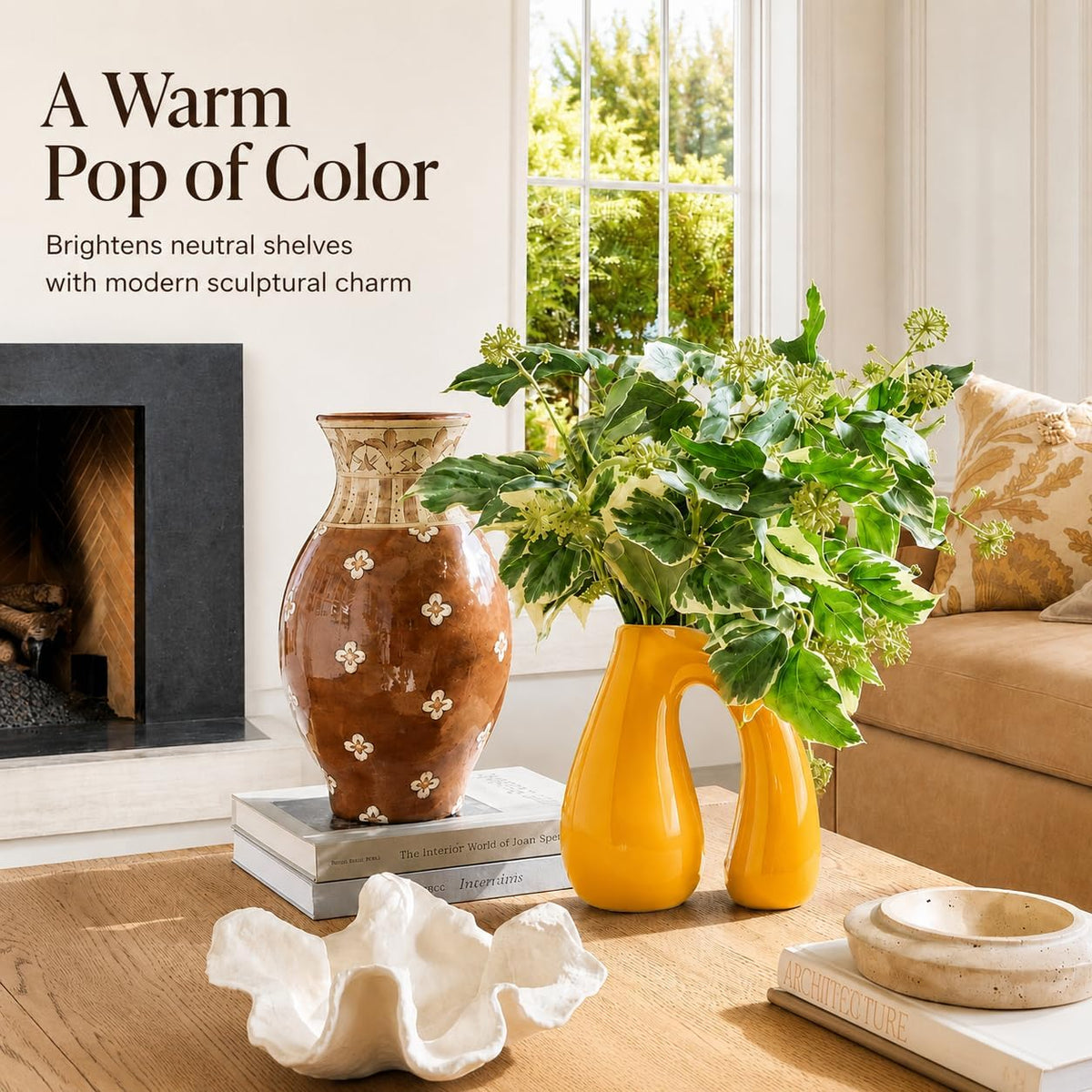 Yellow Ceramic Vase for Pampas, Boho Shelf & Table Decor