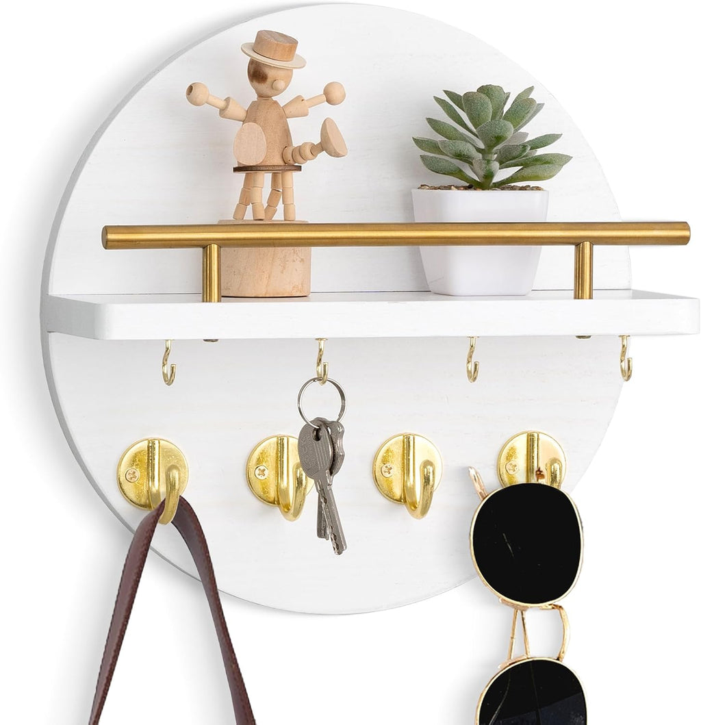 10.2" Key Holder Wall Mount with Shelf & Mail Organizer, 8 Hooks White