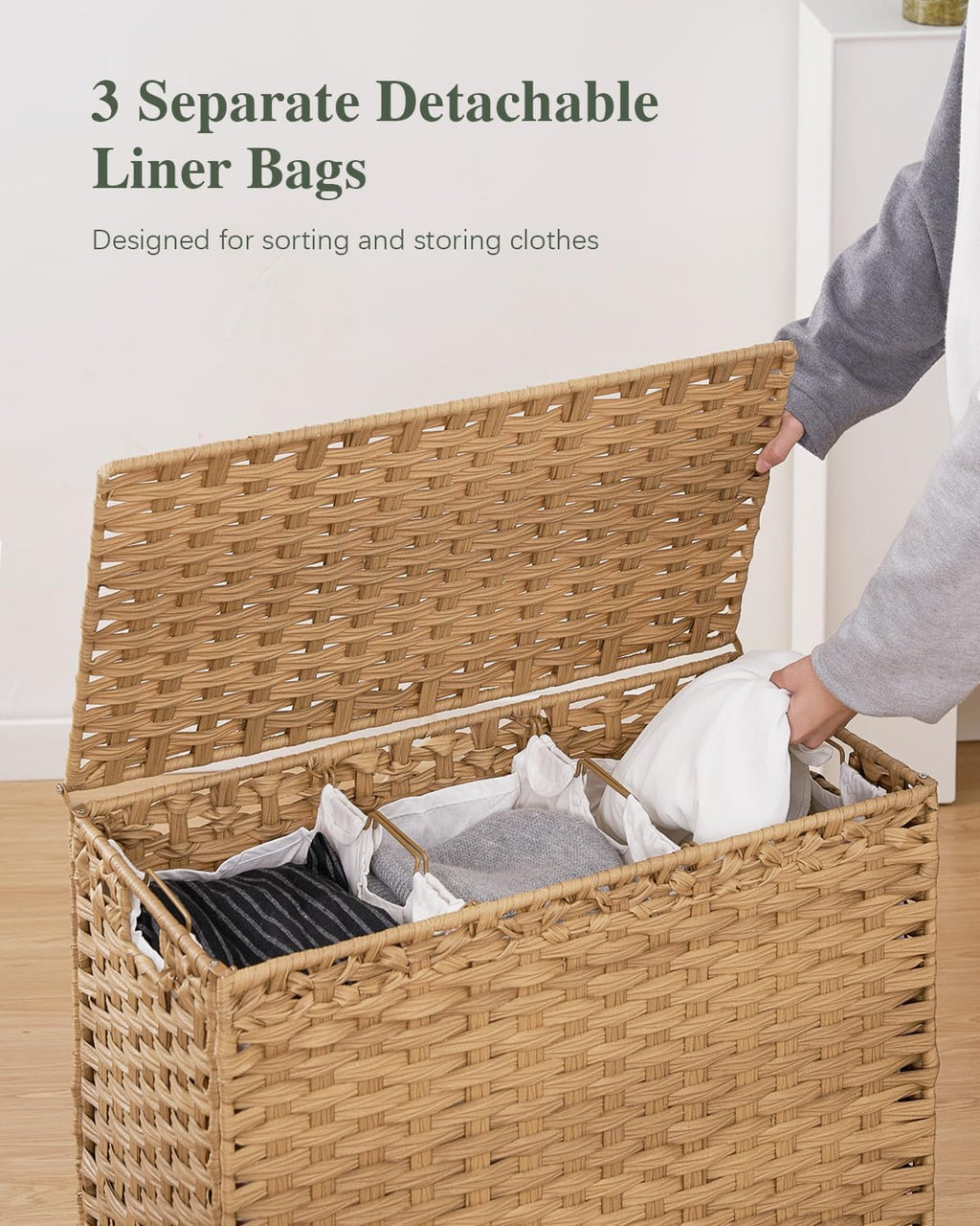 SETVSON Laundry Hamper with Lid, 35 Gal 3-Bag Clothes Sorter, Natural